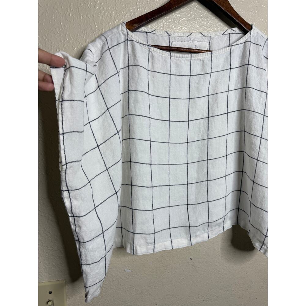 notPERFECTLINEN Windowpane Check 100% Linen Boxy Oversized Top One Size - Picture 5 of 7